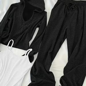 TEMU 3pcs 여성 캐주얼 의상 - 흰색 탱크 탑과 프릴 스트랩, 검은색 후디 & 조거 세트, 부드러운 폴리에스터 블렌드, 봄/여름 컬렉션, 편안한 핏 의류 | 프릴 디테일 탑 | 폴리에스터 블렌드