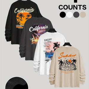 TEMU 4개 세트 - 남성용 California Surf & Beach 그래픽 긴팔 티셔츠, 빈티지 80년대 스타일 Oversized Fit, 선셋과 야자수&서프웨이브 프린트, 부드러운 Ro Ne 캐주얼 여름 비치룩 (기계 세탁 가능)