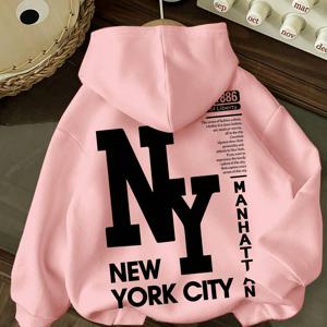 TEMU 여성용 시티 & 맨해튼 프린트 후드 스웨트셔츠 - 레드/블랙 오버사이즈 후디, 아이코닉 NYC 레터링, 세탁 가능한 겨울 스웨터, 캐주얼 웨어, 여행 기념품 또는 일상 아웃핏용