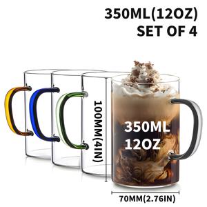 TEMU 4pcs.12oz. 커피 머그 컬러풀 핸들. 커피 머그 투명 티 머그, 아이스 커피 머그 핸들, 물 머그. 이상적인 카푸치노, 라떼, 세레랄, 요거트, 우유. 생일 파티, 가족 모임에 적합. 식기 세척기, 전자 레인지에 안전. 350ml