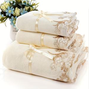 TEMU 럭셔리 3pcs 레이스 자수 수건 세트, 마이크로파이버 수건, 2개의 부드러운 손수건 및 1개의 욕실 수건 포함, 초소프트, 빠른 건조 및 색상 유지 욕실 수건 블렌드 직물, 기계 세척 가능, 완벽한 욕실 용품.