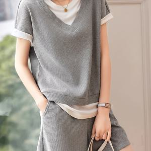 TEMU 여성용 캐주얼 컬러 블록 탑 + 반바지 세트