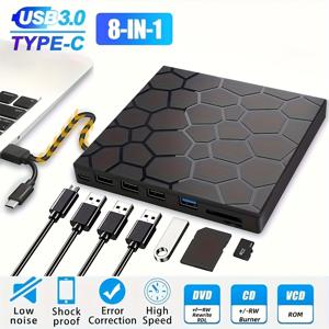 TEMU 외장 DVD 드라이브, USB 3.0 휴대용, Type-C 호환, CD/DVD+/-RW 디스크 드라이브, 외부 DVD 플레이어, 노트북 및 데스크탑, Windows, Linux, Mac, iOS 호환, 블랙|CD플레이어