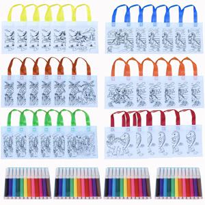 TEMU 48개 DIY 낙서 백 세트: 36개의 가방 + 12개의 페인트 펜, 공룡 디자인 테마 파티 및 팀빌딩 크래프트 활동에 완벽