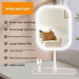 TEMU LED 메이크업 거울 조명 스탠드 포함 - 밝기 조절 가능, 3색상 조명, 충전식 휴대용, USB 충전, 광택 유리 표면, 학생 및 기숙사용, 화장대, 기숙사 방 액세서리, 현대적인 미학, 섬세한 구조