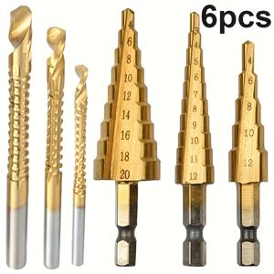 TEMU 티타늄 코팅 드릴 세트 6개입 (4/3-12mm, 3/6/8mm) - 내구성 있는 방청 구멍 확장 합성 드릴링, 금속 정밀 도우 트위스트용 산업용 드릴, 전기 드릴 호환 가능, 조립 불필요, 금속 작업 도구, 매끄러운 메탈릭 마감, 고품질 드릴, 스텝 드릴 비트, 드릴 비트 세트, 금속 드릴, 금속 드릴 비트, 드릴 액세서리