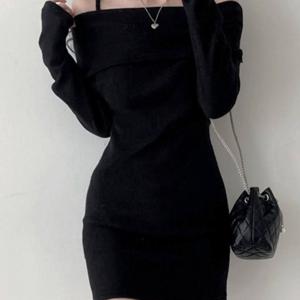 TEMU 여성용 봄 가을 데일리 랩원피스 솔리드 오프숄더 데이트룩 슬림핏 홀터넥 긴팔 미니원피스 일자 숄더 패션 파티복 니트원피스