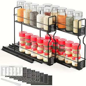 TEMU Geertop 듀얼-글라이드 주방 스파이스 랙 정리대 - 풀아웃, 캐비닛 장착형 칠판 라벨 & 마커, 양념 및 조미료용 다용도 금속 보관함, 컨테이너 포함, 스파이스 정리 랙