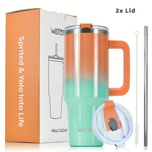 TEMU 1개 40Oz 304 스테인리스 스틸 내외면 뉴 그라데이션 페인트 핸들 컵 (새 AS 빨대 뚜껑 2개 포함), 304 스테인리스 스틸 빨대 1개, 스테인리스 스틸 빨대 브러쉬 1개, 100% 밀폐 및 누수 방지 고진공 단열 컵, 식기세척기 사용 가능, 색상 맞춤 화이트 카드 컬러 박스 포함, 훌륭한 선물 컵