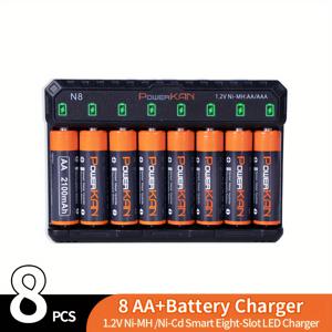 TEMU 세트 (배터리 + 충전기), PowerKAN 1.2V Ni-MH 충전식 AA & AAA 고품질 배터리 + N8 충전기, 충전 및 방전 가능, AA R06 배터리 x8과 AAA R03 배터리 x8 조합, 5V 2A USB 고속 충전 AA AAA 충전기 포함