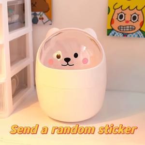 TEMU 리드가 있는 귀여운 만화곰 미니 데스크톱 휴지통, 타원형으로 된 냄새 차단 쓰레기통, 수동 리프트 사무실 및 기숙사 휴지통, 다용도 정리함, 플라스틱 소재