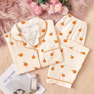 TEMU 여성용 폴리에스테르 파자마 세트 - 과일 오렌지 프린트 롱 슬리브 상의와 라펠 칼라, 매칭 롱 팬츠 - 편안한 기본 올 시즌 잠옷, 패턴 디테일 - 97% 폴리에스테르, 3% 엘라스틴 직물 원단으로 구성된 편안한 잠옷 세트.