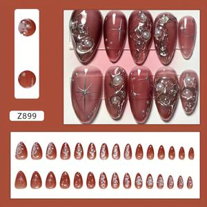 TEMU 30개입 다크 레드 아몬드 숏 프레스온 네일 - 3D & 스타 라인스톤 디자인, 광택 탈부착 가능 손발용 네일 스티커, 뷰티 액세서리 장식 네일 피스