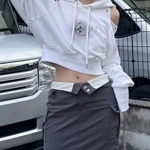 TEMU 【올시즌 스웨트셔츠】 조우메이의 시크한 기하학 컷아웃 후드티 - 캐주얼 폴리에스테르 혼방 크롭 스웨트셔츠, 별무늬, 긴팔 & 여성용 끈 조절 후드
