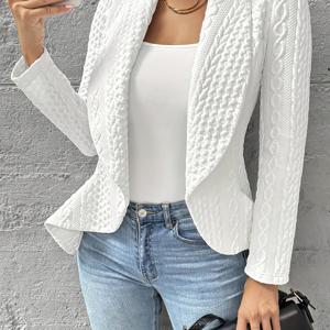 TEMU 여성용 우아한 긴팔 재킷 - 오픈 프론트, 솔리드 블랙, 캐주얼 또는 사무복 착용을 위한 스타일리시 아우터웨어, 가벼운 폴리에스터, 세탁기 사용 가능, 사무실 재킷 | 세련된 질감 | 스타일리시한 캐주얼 웨어