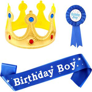 TEMU 블루 생일 왕관 모자, 생일 소년 사시 및 배지 파티 장식 드레스 업 액세서리 3개 세트