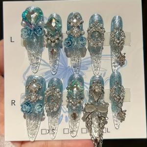 TEMU 10pcs 손으로 만든 프레스 온 네일, 사랑스러운 러브 라인스톤과 진주꽃, 제거 가능한 여름 파란 바다 네일, 스테로브 핏, 슈퍼 롱 오발 형태, бл리밍 네일 아트, 네일 아트 액세서리