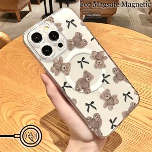 TEMU 귀여운 리본 곰 패턴 아이폰 16 15 14 11 프로 맥스 미니 XR XS X 7 8 플러스용 투명 자석 충격방지 소프트 TPU 백커버, 귀여운 폰 케이스, 스타일리시 폰 커버,가벼운 케이스,내구성 있는 소재,애니메이션 팬들,패션 애호가