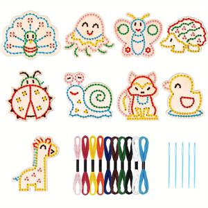 TEMU 9피스 목재 동물 곤충 스트링 키트, 재미있는 DIY 바느질 공예 액세서리 세트, 성인용 바느질 세트, 2D 목재 동물 스트링 보드 교육 자료 팩 (9가지 모양의 목재 조각, 바늘 5개, 실 10개, 랜덤 색상)