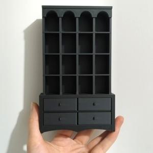TEMU 1:12 스케일 빈티지 미니어처 책장, PLA 소재 (비목재), 블랙 인형의 집 가구 (다수 칸막이 & 서랍 포함), 인형의 집 액세서리/장식용품 정리에 적합