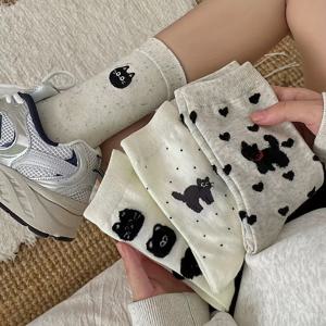 TEMU 여성용 여름 고양이 프린트 중목 양말 4팩 - 귀여운 만화 새끼고양이 & 하트 패턴, 통기성 폴리에스터 캐주얼/스포츠/아웃도어용, 편안한 소재의 재미있는 디자인