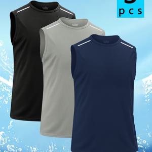TEMU 3개 세트 남성용 반사 퀵드라이 통기성 가벼운 민소매 조끼 - 체육관, 러닝 및 캐주얼웨어용 땀 흡수 운동 셔츠, 크루넥 민소매 조끼 블랙/그레이/네이비블루, 패션 소재 디자인, 체육관 셔츠,남성용 운동복,남성용 체육관 액세서리, 스포츠 의류,스포티한 외관,내구성 있는 구조,운동복,활동적인 라이프스타일,피트니스 애호가