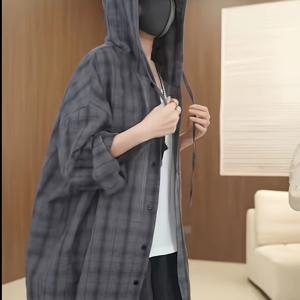 TEMU 여성용 가벼운 후드 셔츠 - 버튼 프론트 코트, 루즈핏 카디건, 일상 & 포멀룩 데일리웨어, 올시즌 아우터웨어 다크그레이/블랙 - 논스트레치 원단, 레이어링 피스, 편안한 착용감, 캐주얼 시크, 사무실 캐주얼