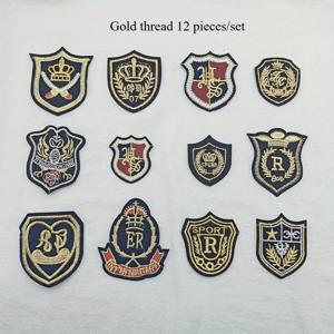 TEMU 10개/12개, 금색 실, 은색 실, 레트로 JK 대학 스타일, 자수 애플리케이스 - HS, UST, 왕관, 방패 및 라우렐 리프 패턴이 있는 철/스치 철/수선 DIY 배지 - 자켓, 가방, 모자에 사용할 수 있는 검은색과 자수 애플리케이스