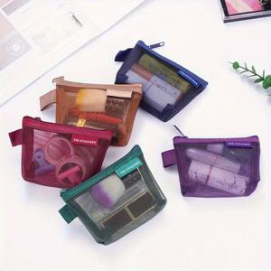 TEMU 5개 세트 나일론 메쉬 화장품 파우치, 내구성 강한 통기성 지퍼 포켓 - 여행용 화장품 및 문구류 정리함 | 미니멀 디자인의 휴대용 투명 오거나이저 (무프린트 심플 스타일)
