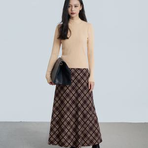 TEMU 여성용 우아한 체크무늬 미디 스커트 - 루즈핏, 긴 소매, 앞면 버튼업, 플레어 헴, 베이지 & 브라운 체크 패턴, 캐주얼 또는 사무실 착용에 완벽, 캐주얼 웨어 스커트 | 체크 무늬 스커트 | 버튼업 스커트