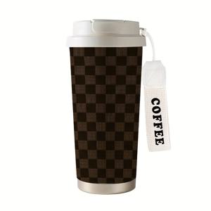 TEMU 500ml 대용량 이중벽 진공단열 보온병 - 스트로 뚜껑 & 손잡이, 우아한 격자무늬와 골드 프림, 누수방지 핫/콜드음료용,여행·사무실·발렌타인데이·생일선물 (브라운/블랙), 휴대용커피&차&냉음료 텀블러-다기능+스타일리시한디자인 핸들끈포함, 야외활동·교사의날·설날 선물