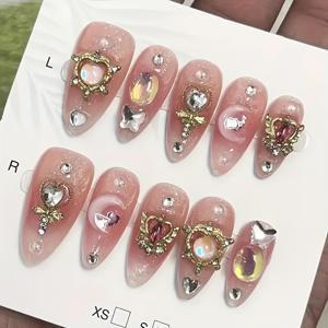 TEMU 10개 고급 핑크 아몬드 모양 네일 아트 팁, 그라데이션 블러시, 수제 네일 디자인.|네일아트|네일팁