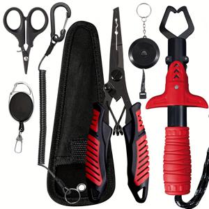 TEMU 7PCS 낚시 도구 세트, 오픈 루프 훅 리무버, 내식성 낚시 니들 노즈 플라이어, 미끼 가방, 물고기 입 그리퍼, 낚시 가위, 60인치 물고기 자, 수납 버클, 수납 방지 로프 포함. 필수 낚시 장비|가방