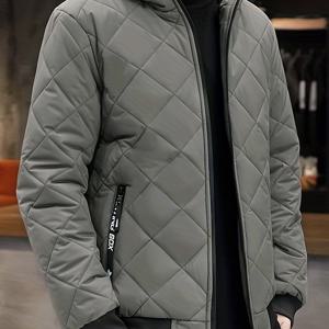 TEMU 남성용 캐주얼 후드 퀼트 재킷, 100% 폴리에스테르 두꺼운 따뜻한 코트, 긴 소매 단색 지퍼, 일상 및 캐주얼 착용을 위한 정규 핏