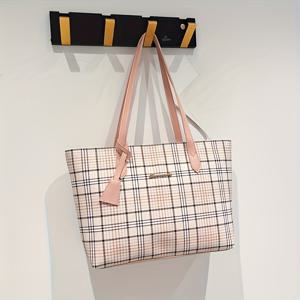 TEMU 여성용 체크무늬 토트백, 내장 카드 홀더, 대용량 경량 PVC, 다기능 비즈니스 스타일, 어깨 쇼핑백, 화장품 및 신분증 정리함 (30*10*24cm), 일상 이동용 캐주얼 백 | 카드 홀더가 있는 세련된 토트백 | 고정 스트랩 백