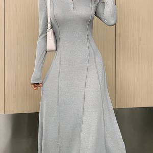 TEMU 반팔 칼라 드레스, 우아한 슬림핏 롱슬리브 발목 길이 드레스 봄 & 가을, 여성 의류