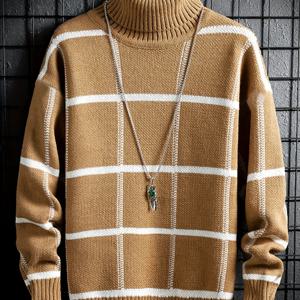 TEMU 남성용 무스카드 & 화이트 가로줄무늬 터틀넥 스웨터 - 루즈핏 긴팔 니트 풀오버, 가을 겨울 캐주얼 및 정장용, 손세탁 전용, 클래식 니트웨어, 내구성 있는 구조, 스타일리시한 니트웨어, 겨울 필수 아이템