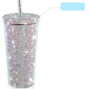 TEMU 16.9oz 반짝이는 장식 유리 물병 - 뚜껑과 빨대가 있는 스테인리스 스틸 진공 단열 커피 컵, 완벽한 여성 선물 (오로라 화이트/실버), 집, 사무실, 파티, 해변에서 재사용 가능