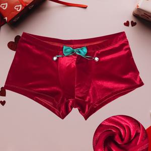 TEMU 남성용 고품질 벨벳 섹시 브리프 - 리본과 벨 장식, 연한 베이지 색상, 편안하고 섬세한 착용감, 마스커레이드 파티나 데이트 나이트에 완벽한 선물