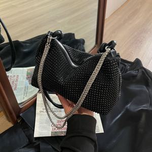 TEMU 패션 라인스톤 벨벳 이브닝 숄더백 여성용, 캐주얼 칙 언더암 크로스바디 백 지퍼 클로저 및 폴리에스터 라이닝 포함