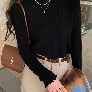 TEMU 여성용 빈티지 하이넥 레터 트림 풀오버, 단색 니트 스웨터, 폴리에스테르, 긴 소매, 루즈핏, 봄/가을용