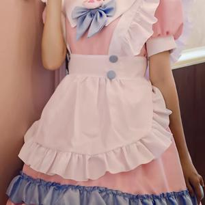 TEMU 귀여운 메이드 코스튬 드레스 - 러플 스커트, 핑크 & 블루 악센트, 리본 디테일, 할로윈, 파티 및 테마 이벤트용 세탁기 사용 가능한 폴리에스터 스위트하트 코스프레 의상|코스프레