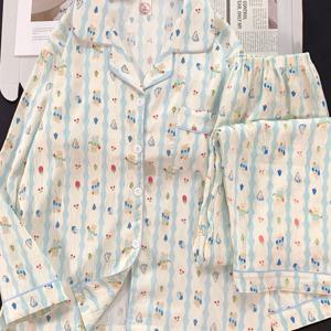 TEMU 2pcs 여성용 파자마 세트 봄/가을 구름 V넥 긴팔 긴바지 만화 패턴, 폴리에스터 98% 탄성 2%, 105g/m², 짠, 성인용|파자마