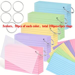 TEMU 250장 플래시카드 + 5개의 링, 3x5인치 컬러 이지카드 (커버포함) 학습용 사각노트카드 - 5가지 색상