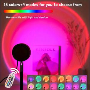TEMU 16색 LED 선셋 프로젝션 램프, 리모컨 포함 - 생동감 있는 RGB 및 선셋 조명, 4가지 모드, 사진, 셀카, 파티, 홈 데코, 결혼식, 캠핑, , 할로윈, 크리스마스, 조절 가능한 밝기, USB 전원, 독립형 금속 베이스, 리모컨 제어 램프 | 생동감 있는 LED 조명 | USB 전원 램프, 침실용 LED 조명