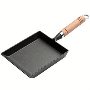 TEMU 1pc 캐스트 아이언 사각형 프라이팬, 코팅되지 않은 두꺼운 비스듬한 일본 계란 롤 팬, 식품 접촉 안전, 비전전, 나무 손잡이 포함