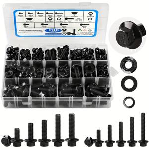 TEMU 자동차용 280개 메트릭 플랜지 볼트 세트, M6x1.0, M8x1.25, M10x1.5(12mm부터 30mm까지), 육각 볼트 및 너트 와셔 키트, 10.9 블랙 아연 도금