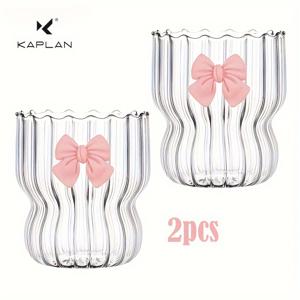 TEMU KAPLAN, 2/4/6pcs 세트 레트로 리플 레이터 유리 컵 및 스탠드 장식 아이스 커피 컵, 주스, 맥주, 음료, 물, 디저트, 커피에 적합, 보우 클래식 테이블 커피 컵, 용량 12oz/350m