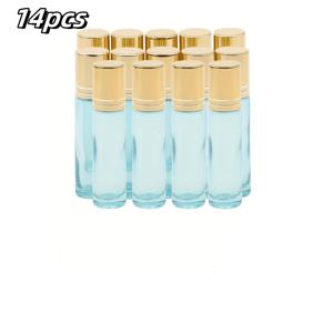 TEMU 14pcs Pearl Blue 롤러 병, 금색 뚜껑 10Ml 롤러 에센셜 오일 병, 피부 관리, 화장품 및 향수, 손세척 전용, 유리 용기, 피부 관리 용기 | 우아한 미적 감각 | 유리 구조, 에센셜 오일 디퓨저|향수