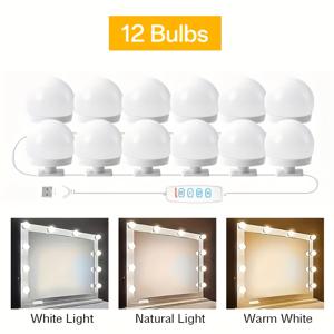 TEMU 8/10/12/14 팩 조절 가능한 LED 메이크업 거울 조명 - 할리우드 스타일 USB 전원용 전구, 28cm 연장 코드, 3가지 색온도 (따뜻한/춥은/하루 빛), 미용실, 가정 및 여행용으로 사용되는 광택된 플라스틱 마감, 메이크업 조명, 미용실 조명, 만화 테마, USB 전원